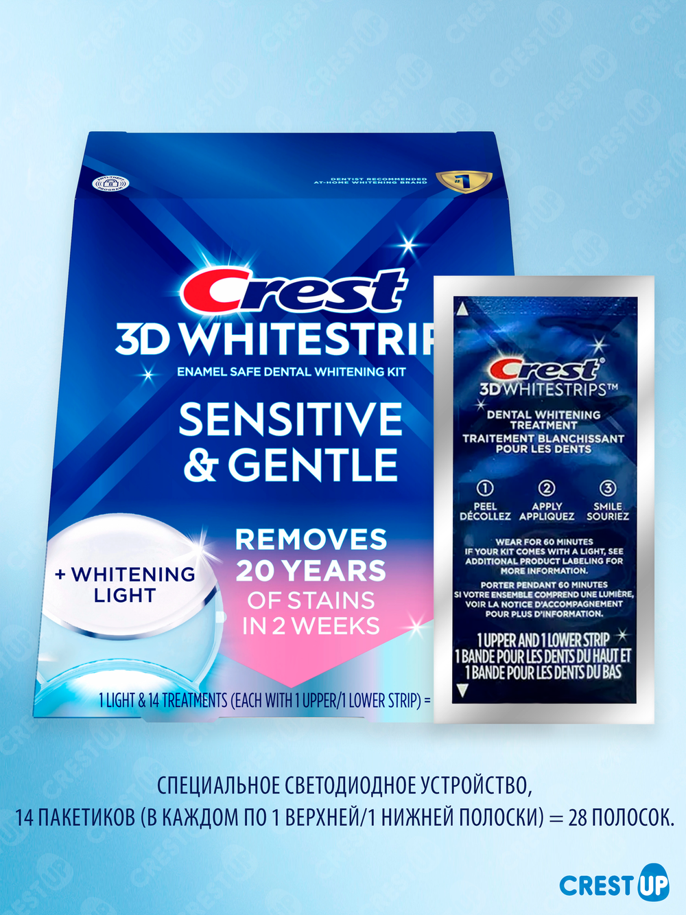Crest 3D Whitestrips Sensitive And Gentle Plus LED Light Отбеливающие полоски для зубов: до 6-7 тонов за 14 дней