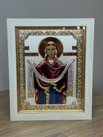 Покрова БМ, икона прямоугольная в рамке под стеклом, белый киот, эмаль 232х280