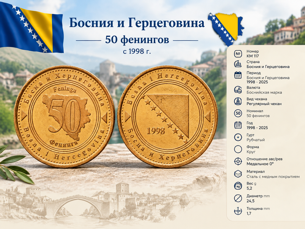 Босния и Герцеговина 50 фенингов, 1998 Герб XF