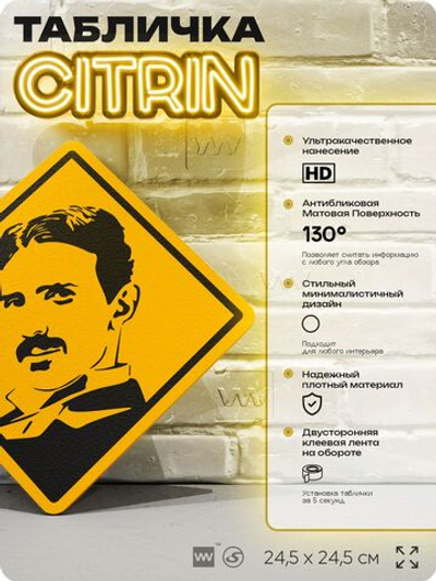 Табличка декоративная "Никола Тесла" на дверь и стену, прикольная штука в подарок, декоративный знак, 24,5х24,5 см, пластиковая, Айдентика Технолоджи