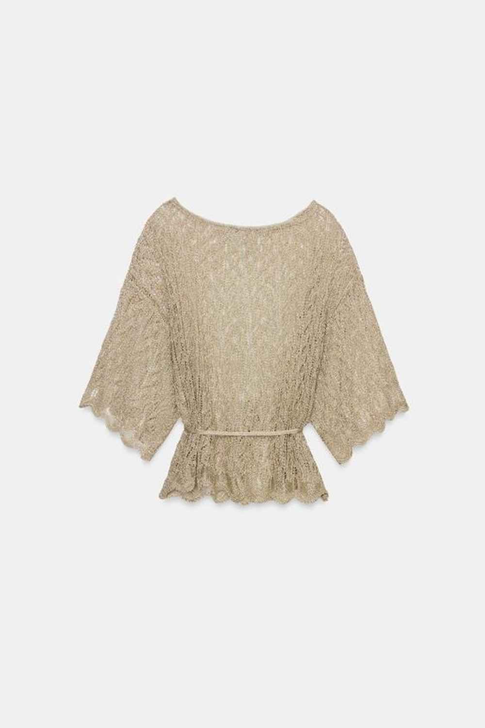 ZARA ТРИКОТАЖНЫЙ ТОП С БЛЕСТЯЩЕЙ НИТЬЮ И ПОЯСОМ, ЗОЛОТОЙ