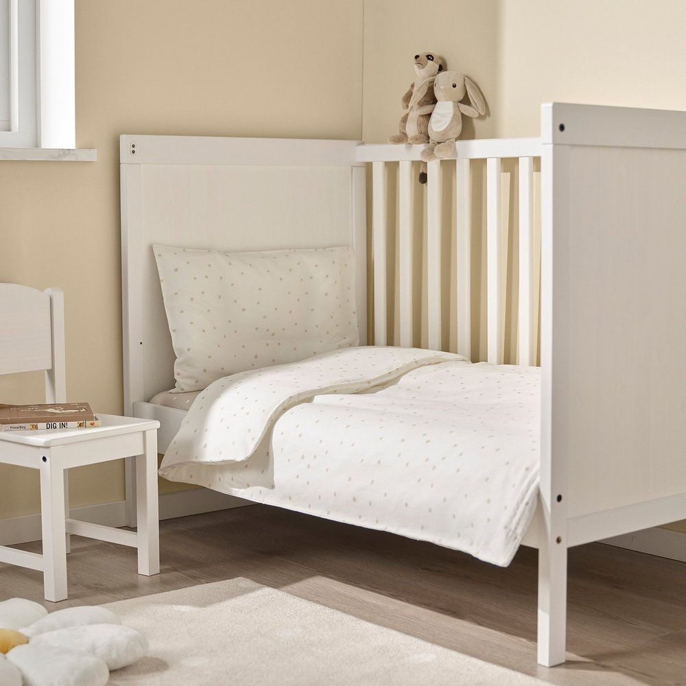 IKEA LEN  (ИКЕА ЛЕН)  -  Пододеяльник с наволочкой для кроватки - белый/бежевый в горошек 110x125/35x55 см