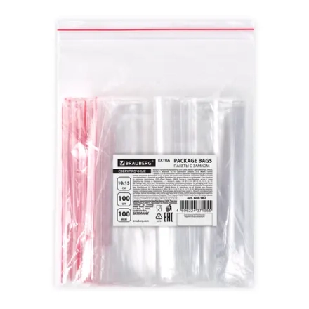 Пакеты ZIP LOCK "зиплок" сверхпрочные, комплект 100 шт., 100х150 мм, ПВД, 100 мкм, BRAUBERG EXTRA, 608182