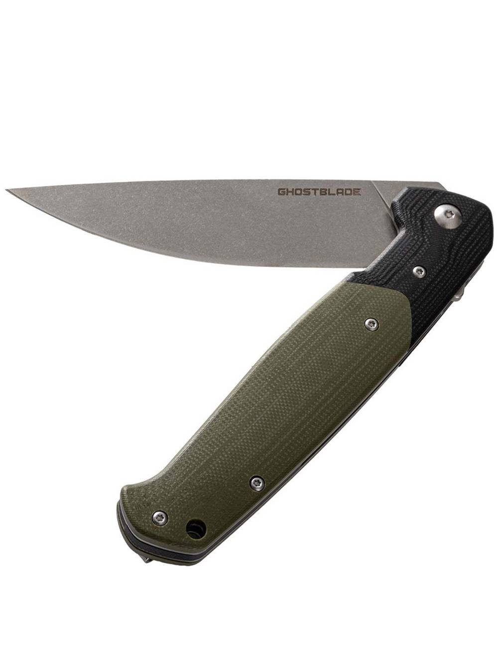 Нож складной GhostBlade Rune, сталь D2, Stonewash, 58-62 HRC, Drop-point, рукоять G10 оливковая, замок Liner lock