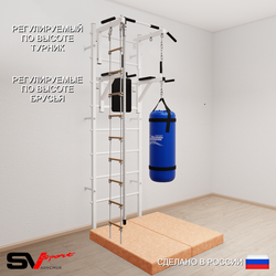Шведская стенка Sv Sport усиленная 6757 (Турник стандарт/Брусья/Канат/Лестница/Цепь/Мешок 30кг/Мат 1м)