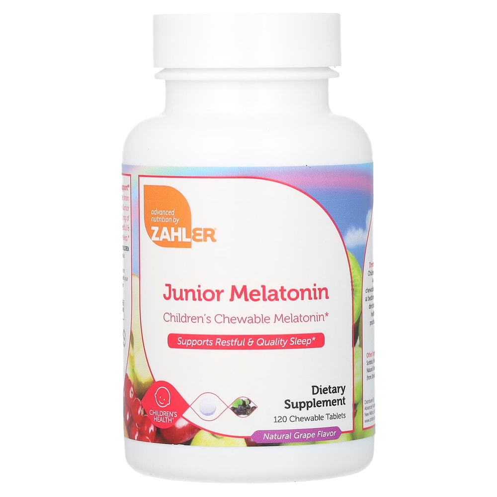 Zahler, Junior Melatonin, натуральный виноград, 120 жевательных таблеток (1 мг в каждой таблетке)