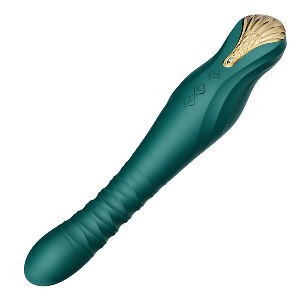 Зеленый вибратор 30,2см с поступательными движениями Zalo King Vibrating Thruster Turquoise Green