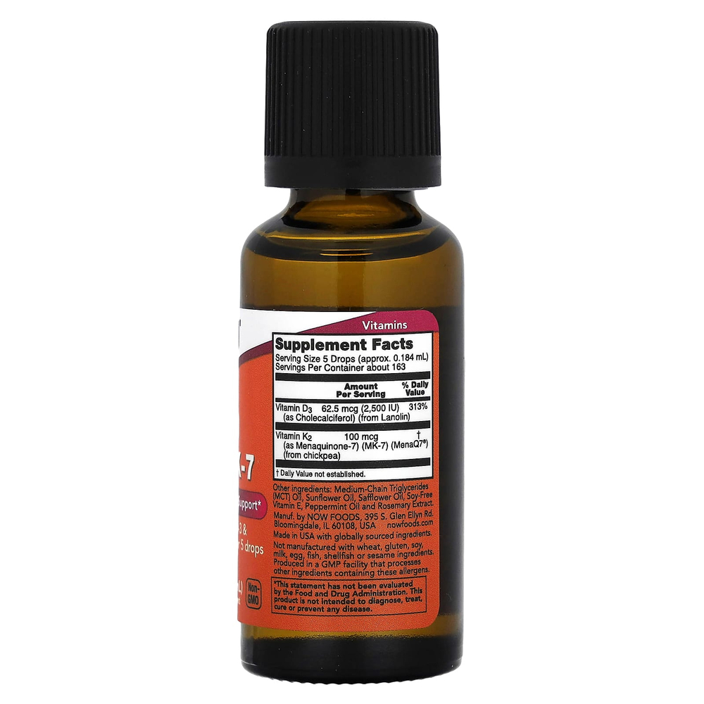NOW Foods, жидкий витамин D3 и MK-7, мята, 30 мл (1 жидк. унция)