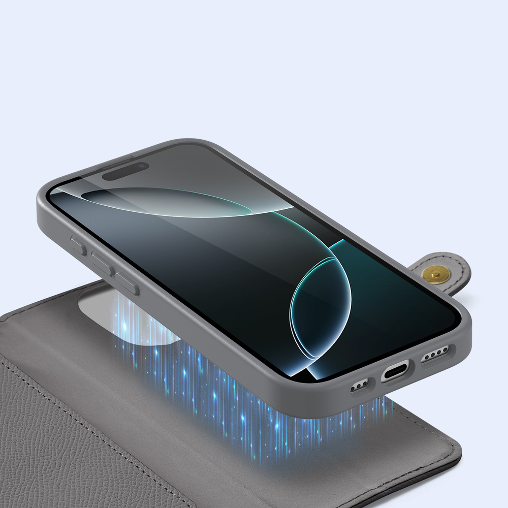 Чехол кошелек из TPU кожи серого цвета от Dux Ducis для iPhone 16 Pro Max, серия Lawa Series Case