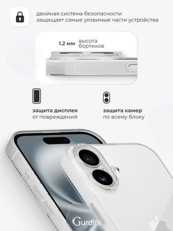 Чехол накладка iPhone 16 6.1" Gurdini силикон Ultra Twin 1 mm прозрачный