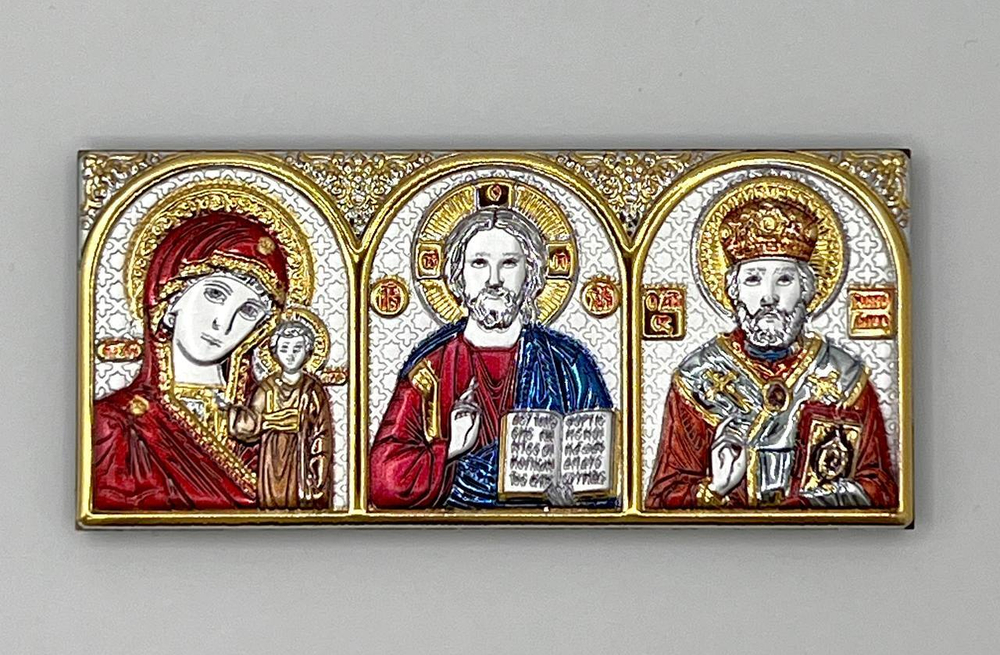 Спаситель, Казанская БМ, Николай Чудотворец, триптих, эмаль, 34х77 — детальный вид