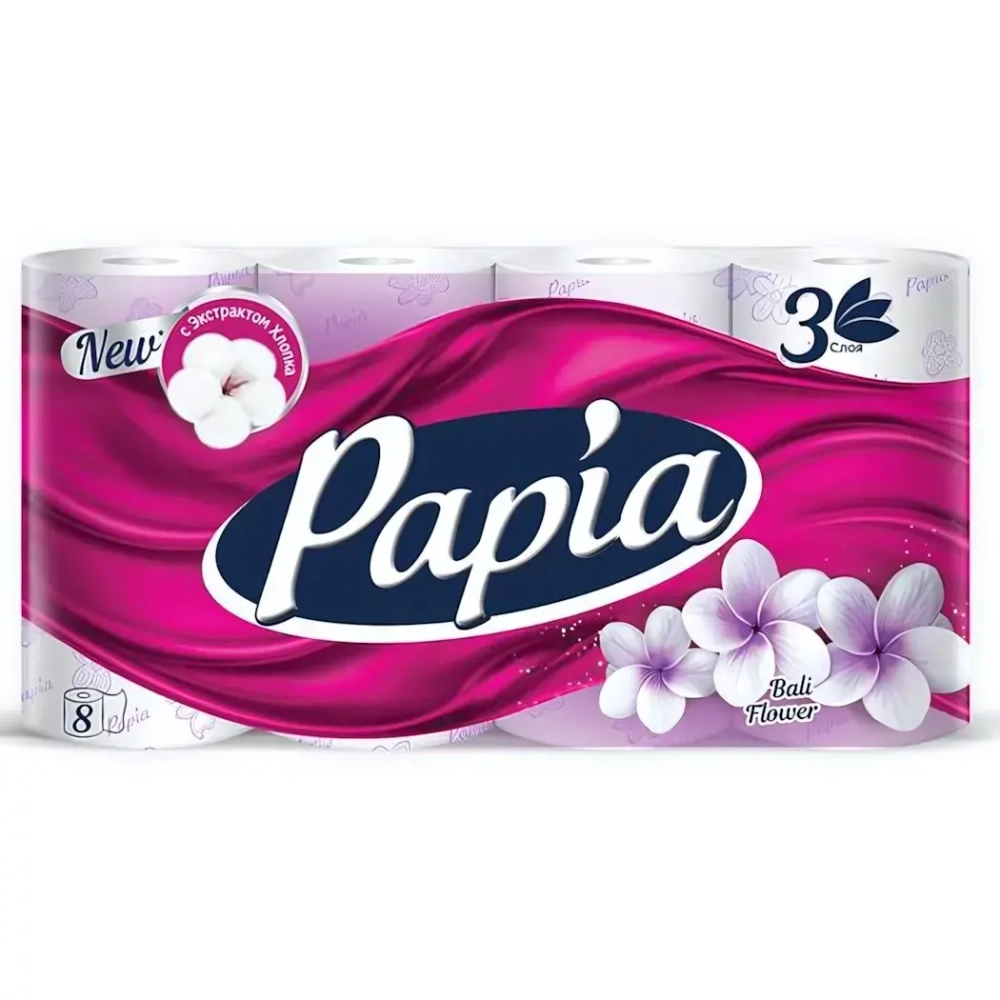 Бумага туалетная PAPIA 3 сл., 8 рул., Цветы Бали✦