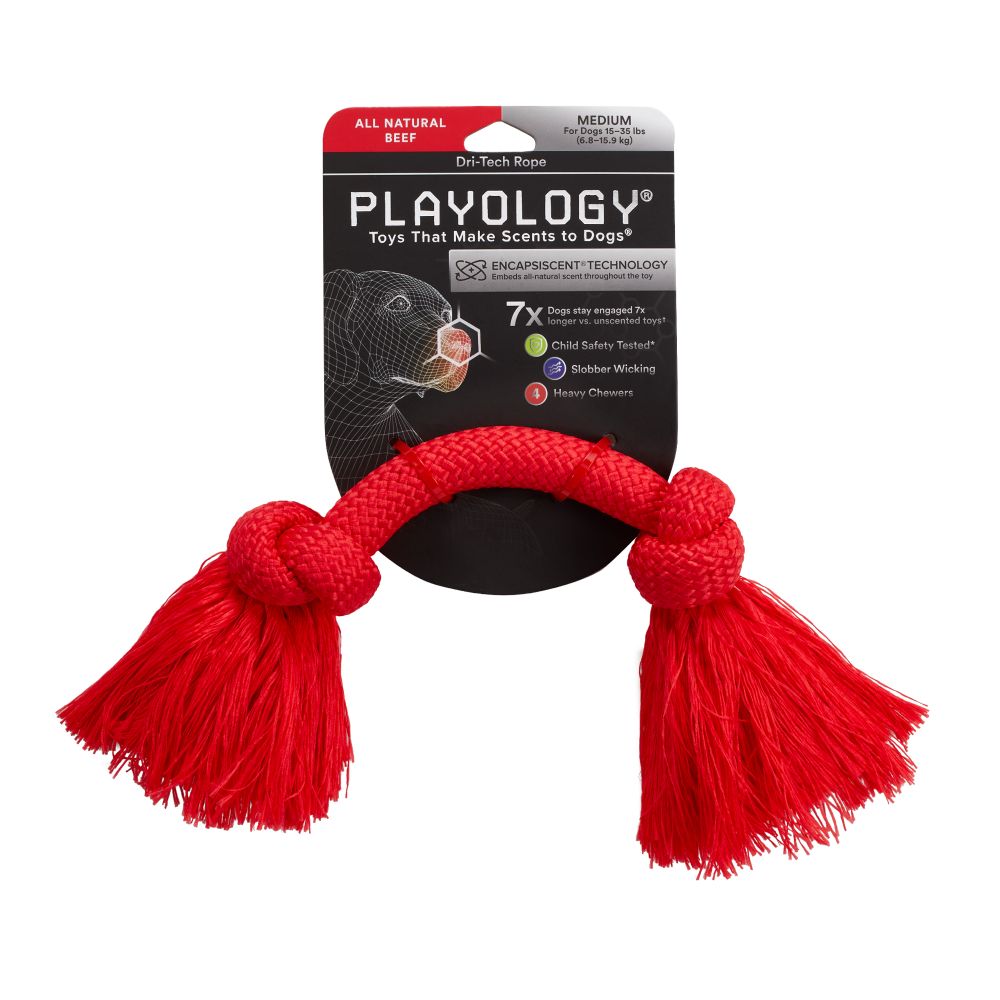 Жевательный канат Playology DRI-TECH ROPE для собак средних пород с ароматом говядины, средний, цвет красный