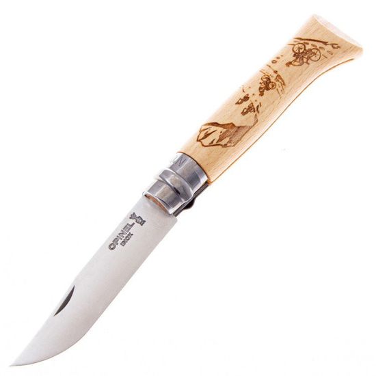 Складной нож Opinel №8 Alpine adventures, нержавеющая сталь, рукоять дуб, гравировка горный велосипед, 002187 c клинком из стали Sandvik™ 12С27