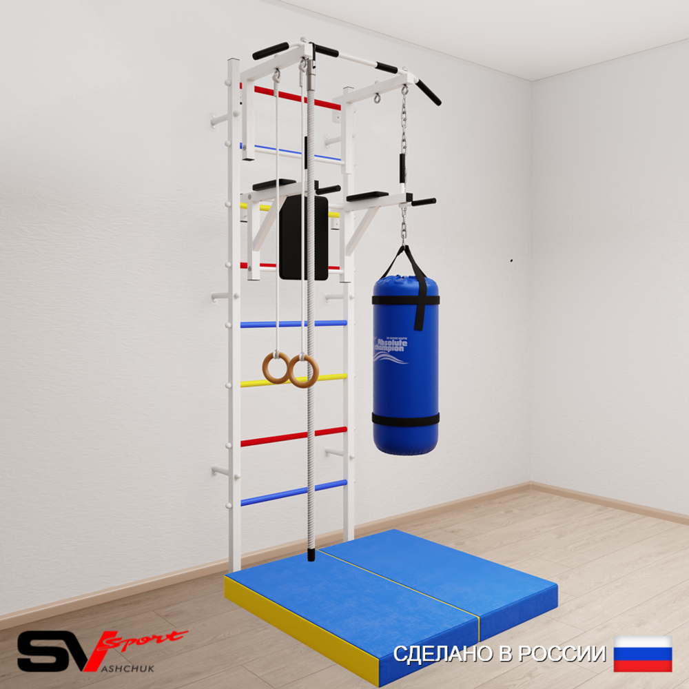 Шведская стенка Sv Sport усиленная 6746 (Турник стандарт/Брусья/Канат/Кольца/Цепь/Мешок 22кг/Мат 1м)