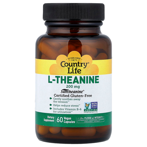 Country Life, L-теанин, 200 мг, 60 растительных капсул