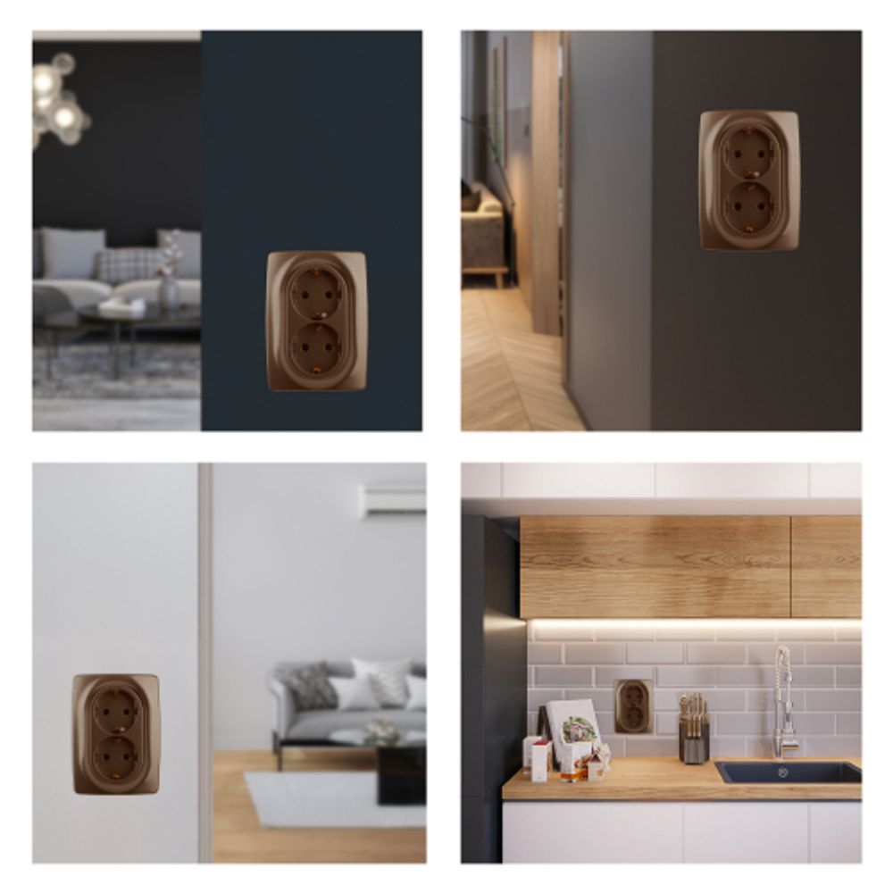 Розетка ЭРА Серия 12 12-2106-13 двойная с заземлением 2X2P+E Schuko 16A-250В IP20 бронза | Эра 12