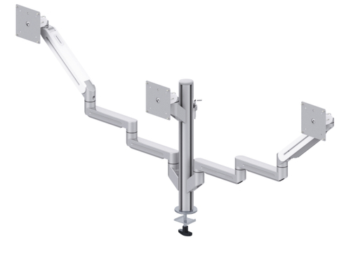 ErgoFount DFS-303TG Настольное крепление для 3 мониторов диагональю до 24'' конфигурации 1х3, два из которых на шарнирных трехколенных вылетах со струбциной к столу типа "G". Цвет - серебристый