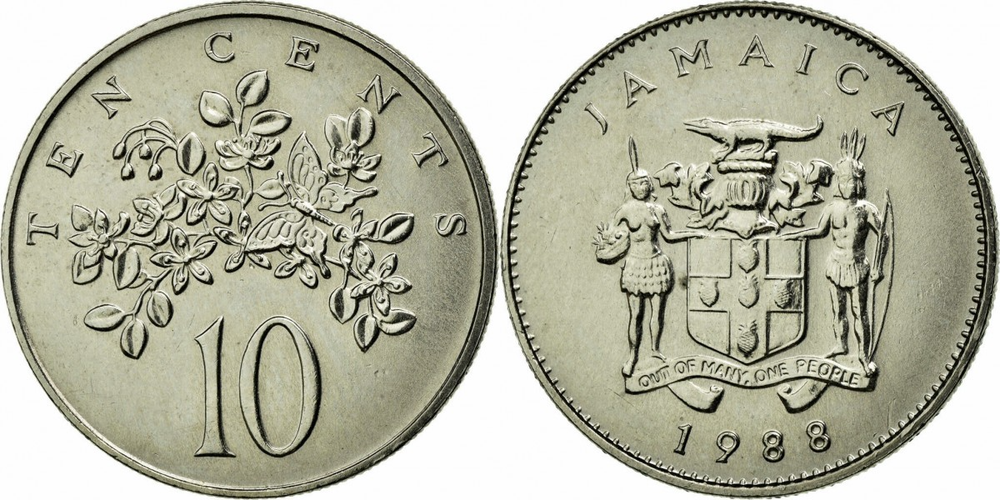 Ямайка 10 центов, 1969 - 1989 Герб XF