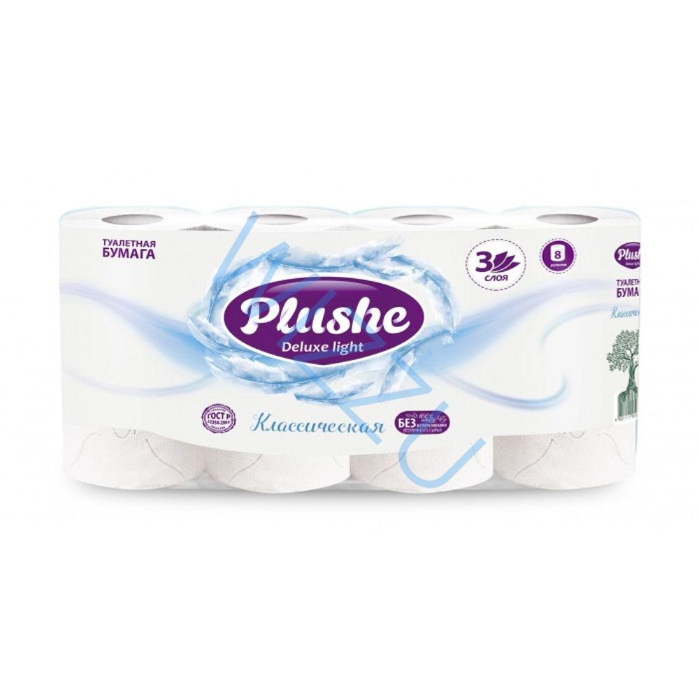 Туалетная бумага Plushe Deluxe Light классическая 3сл 8рул 8шт 15м