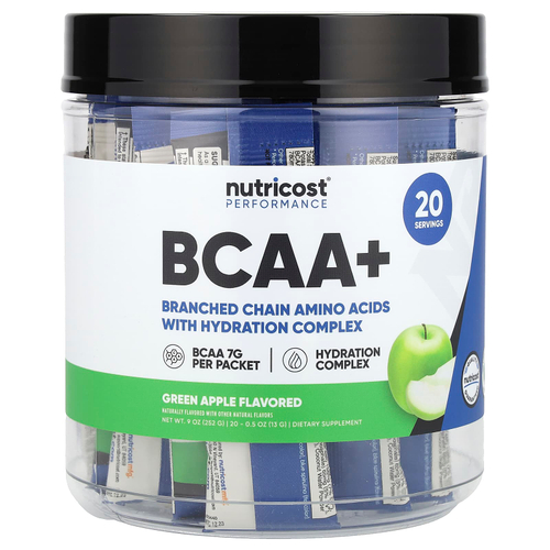 Nutricost, Performance, BCAA +, зеленое яблоко, 20 пакетиков по 13 г (0,5 унции)
