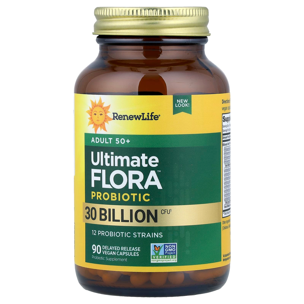 Renew Life, Ultimate Flora™, пробиотик для взрослых старше 50 лет, 30 млрд КОЕ, 90 веганских капсул с отсроченным высвобождением
