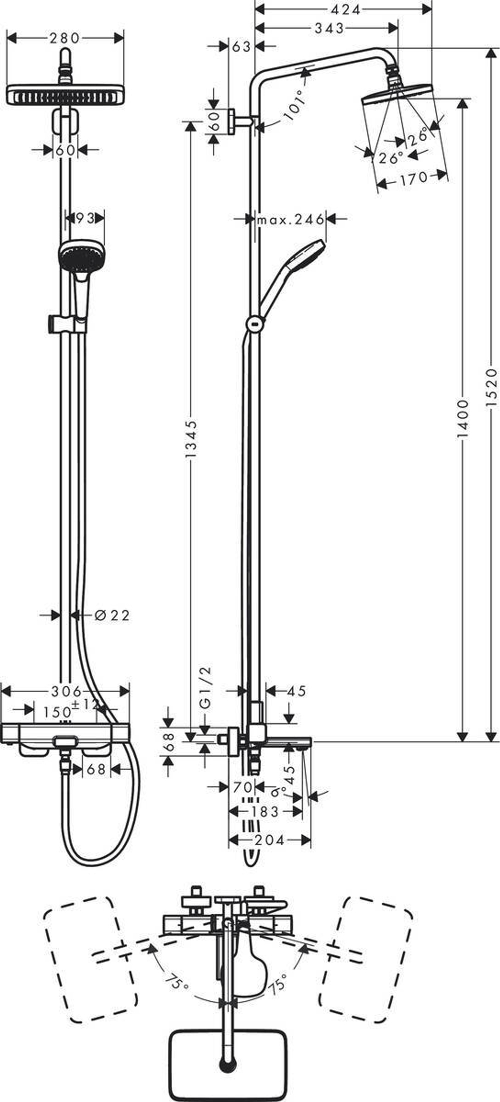 Душевая система с термостатом для ванны Croma E Showerpipe 280 1jet Hansgrohe