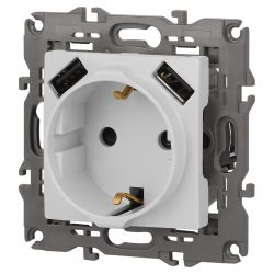 Розетка ЭРА Elegance 14-4109-01М 2P+E 16A-250В штор. с 2xUSB 5В-3А белый матовый | Эра Elegance