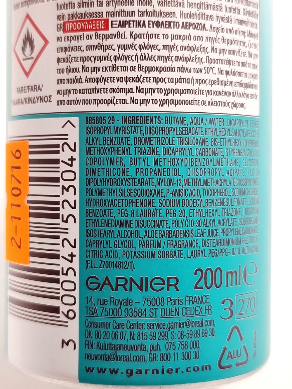 Cолнцезащитный невидимый спрей Garnier Invisible Protect Mist Spf30 с витамином Е и алоэ вера 200 мл (Франция)