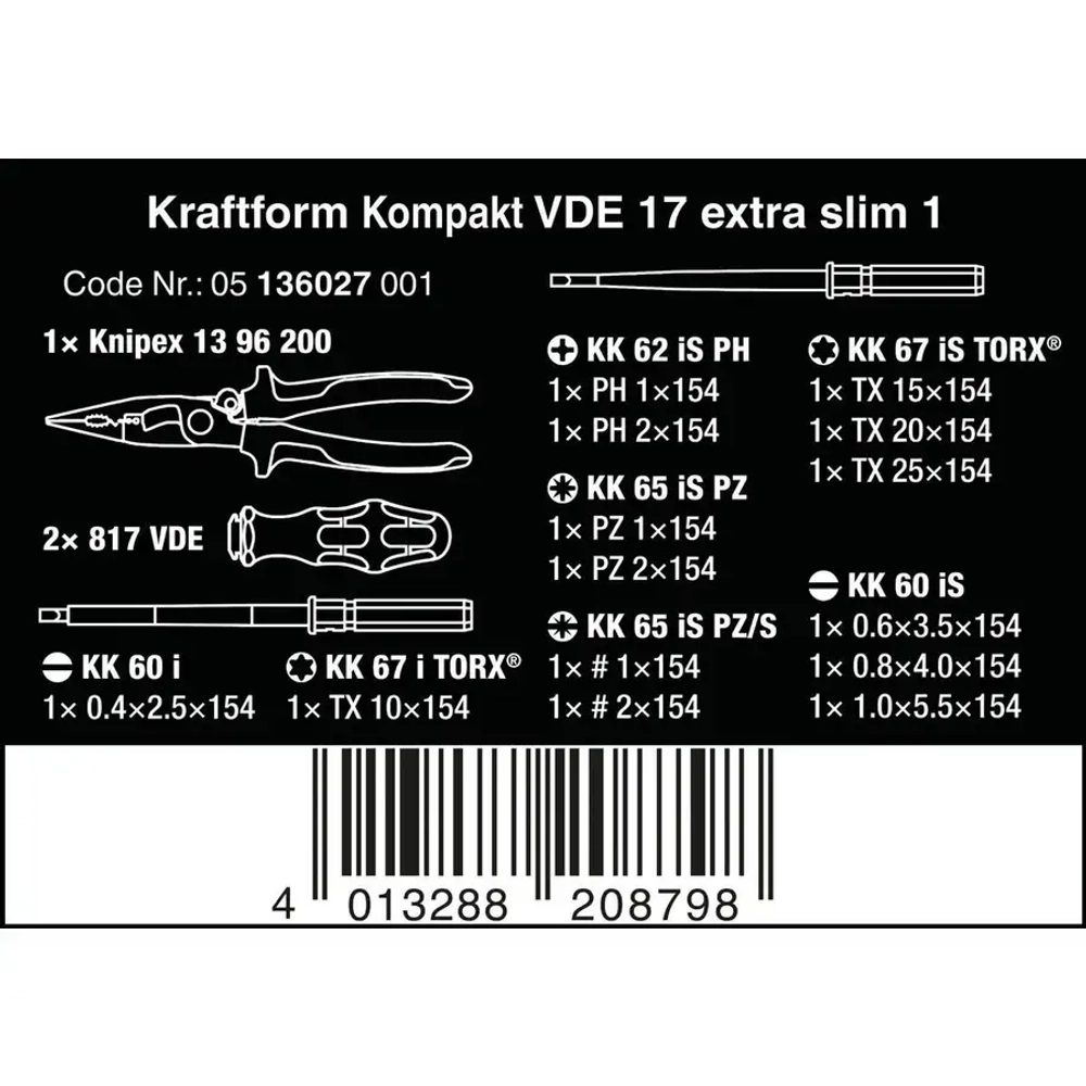 Набор отвёрток Kraftform Kompakt VDE 17 extra slim 1, 16 предметов WERA 05136027001