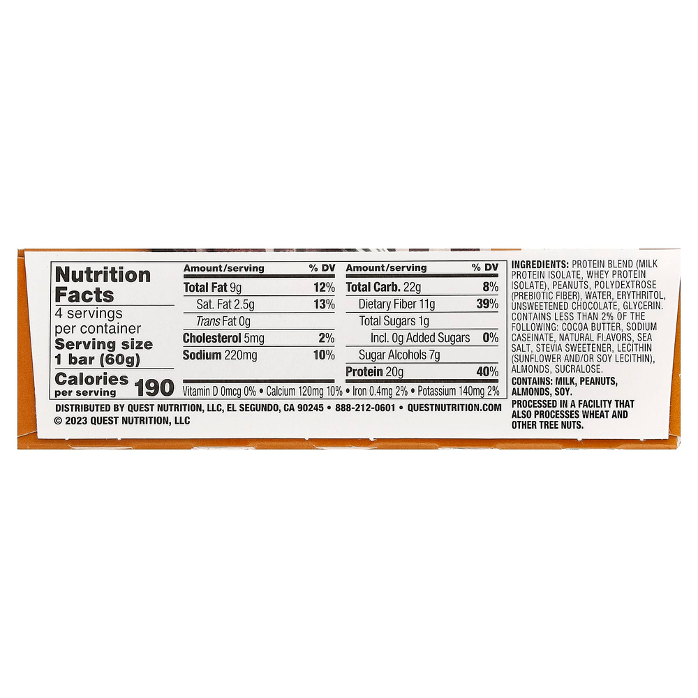 Quest Nutrition, Protein Bar, шоколадно-арахисовая паста, 4 батончика, 60 г (2,12 унции)