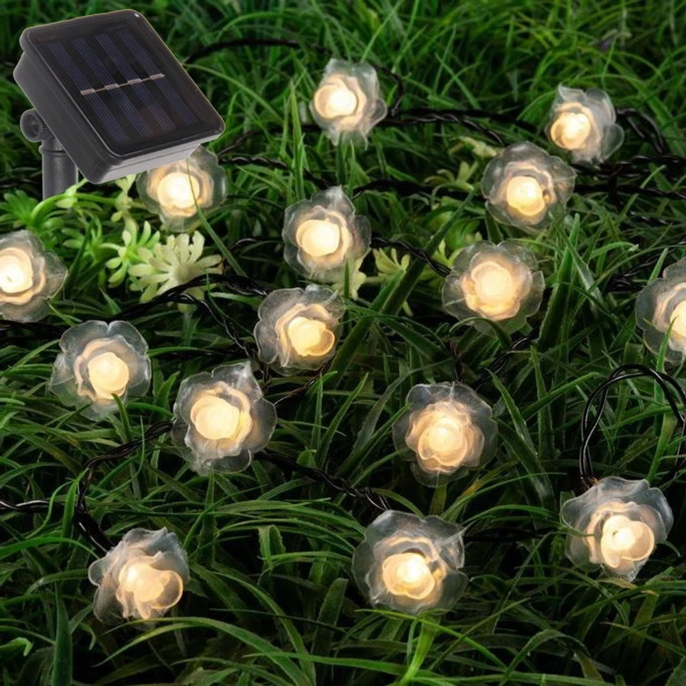 Гирлянда для улицы «Нежный цветок» 3 м 20 ламп LED чёрный провод, 2 реж.,IP-55, Теплый белый (солнечная батарея)