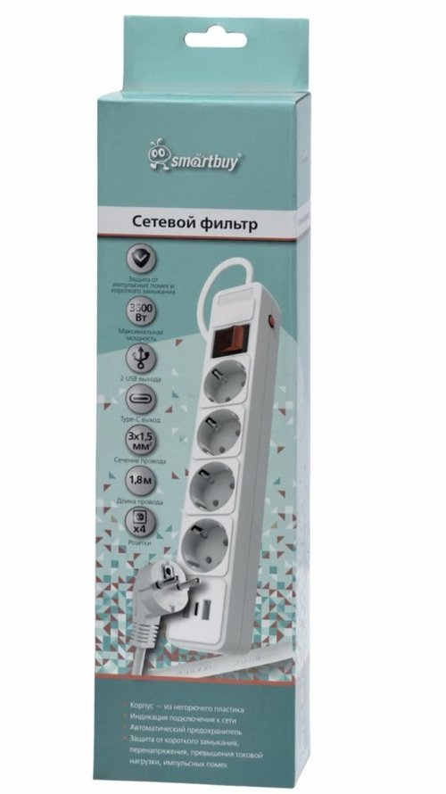 Сетевой фильтр c USB+Type C, 16А, 4 гнезда, c з/ш, с з/к, ПВС, 1.8 м, белый (SBSP-18C-W)
