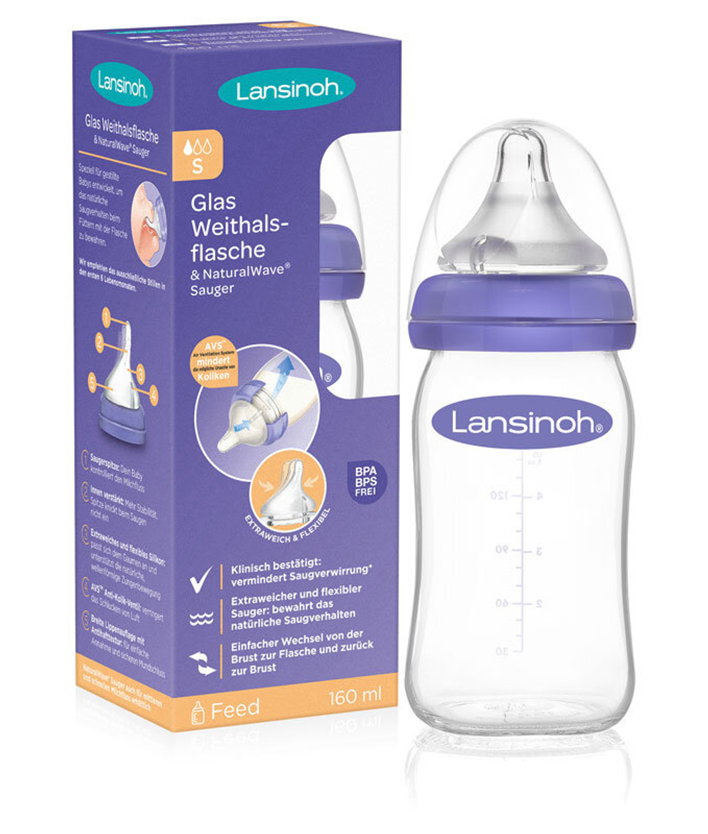 Стеклянная бутылочка с широким горлышком и соской NaturalWave размера S Lansinoh