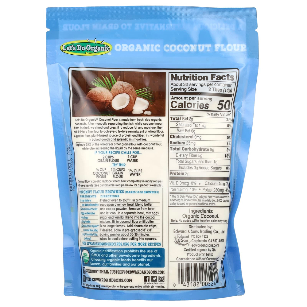 Let's Do Organic, Let's Do Organic, 100 % органическая кокосовая мука, 454 г (1 фунт)