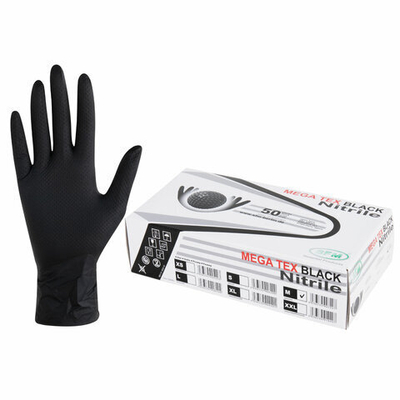 Перчатки нитриловые сверхпрочные с текстурой SFM MEGA TEX BLACK 25 пар (50 штук), размер M (средний).