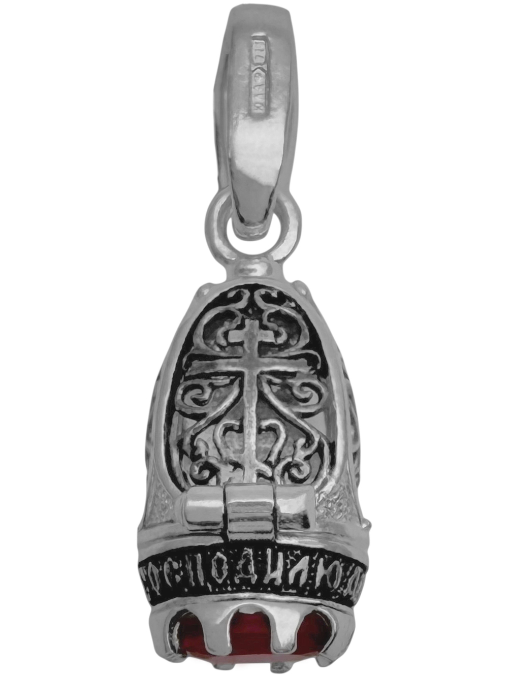Ладанка из серебра/Чернение/С подвижным ухом/Со вставкой из красного фианита/Казанская БМ