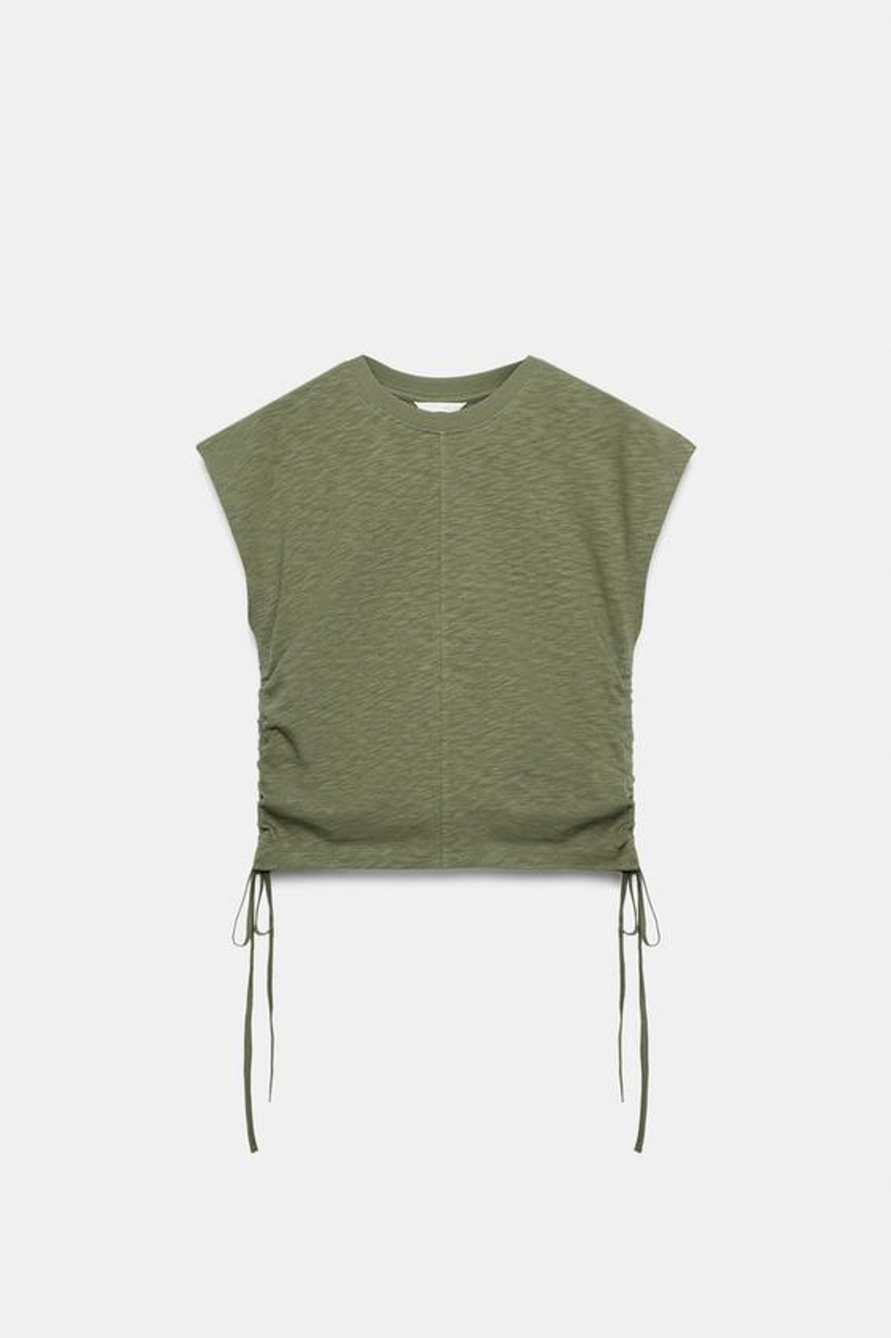 ZARA ФУТБОЛКА В РУСТИКАЛЬНОМ СТИЛЕ СО СБОРКАМИ, ХАКИ