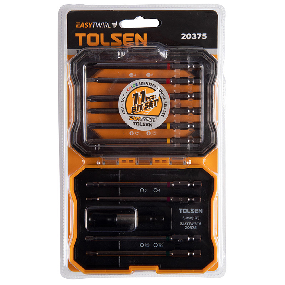 TOLSEN (TT20375) Набор вставок (бит) 1/4", PH, PZ, Hex, Torx, Slotted, 11 предметов