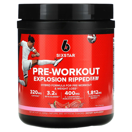 SIXSTAR, предтренировочный комплекс Explosion Ripped 2.0, со вкусом арбуза, 240 г (8,47 унции)