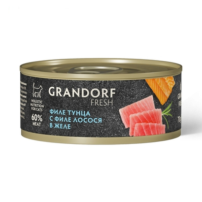 Влажный корм GRANDORF FRESH Tuna with salmon in jelly Консервы для кошек GRANDORF FRESH Филе тунца с филе лосося в желе 6уп по 70гр