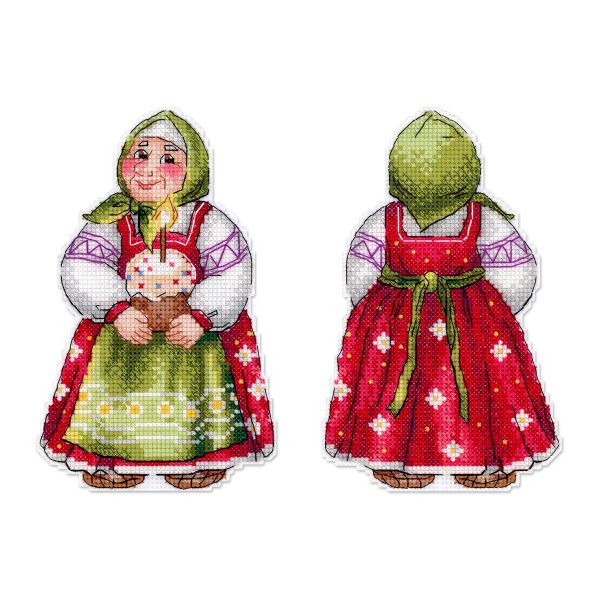 Набор для вышивания нитками МП Студия Р-1354, Бабушка с куличом, на пластиковой канве, 16х10 см