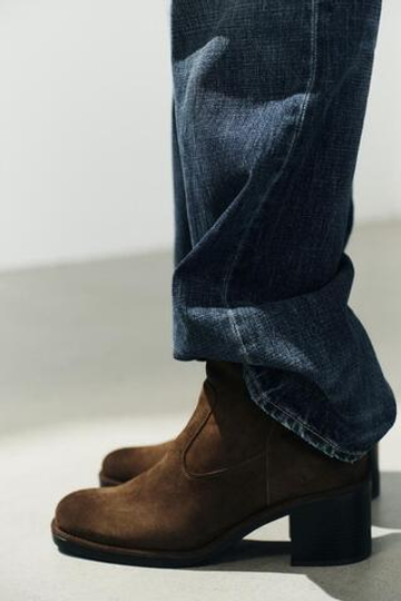 ZARA ЗАМШЕВЫЕ БОТИЛЬОНЫ НА КАБЛУКЕ, КОРИЧНЕВЫЙ