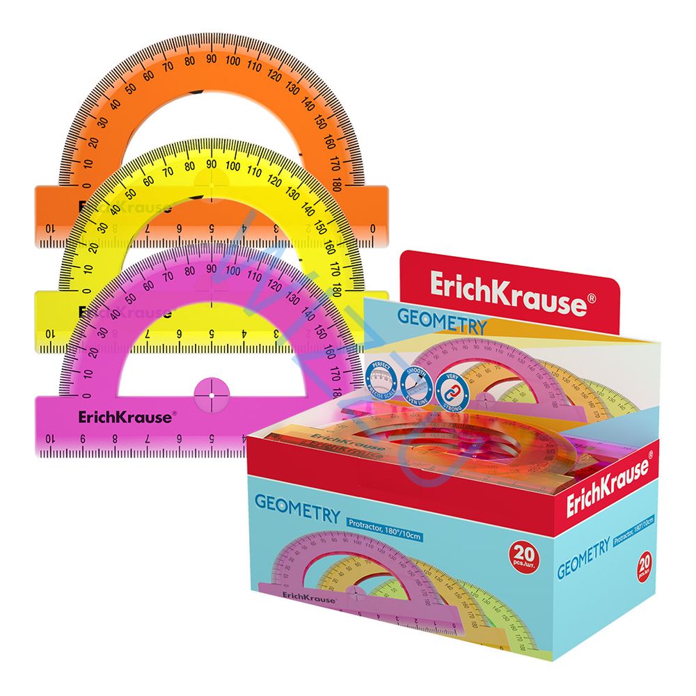 Транспортир пластиковый ErichKrause Standard, 180°/10см, ассорти (в коробке-дисплее по 20 шт) Арт.52985