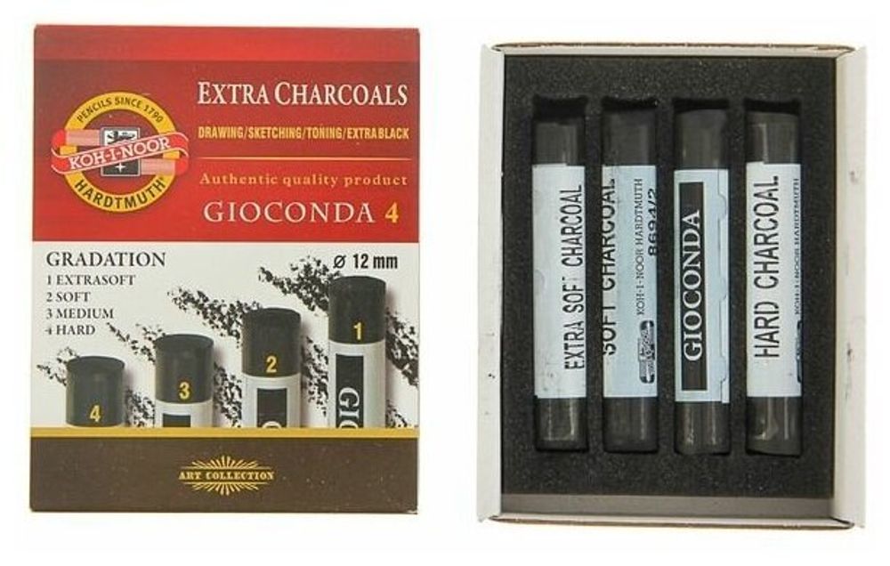 Уголь прессованный KOH-I-NOOR "Gioconda", набор 4 шт., круглое сечение, 4 градации твердости, 8694004001KZ