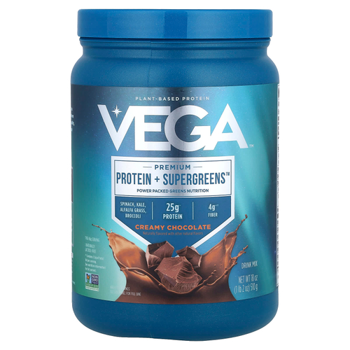 Vega, Premium, Protein + Supergreens™, протеиновая добавка с зеленью, сливочный шоколад, 510 г (1 фунт 2 унции)