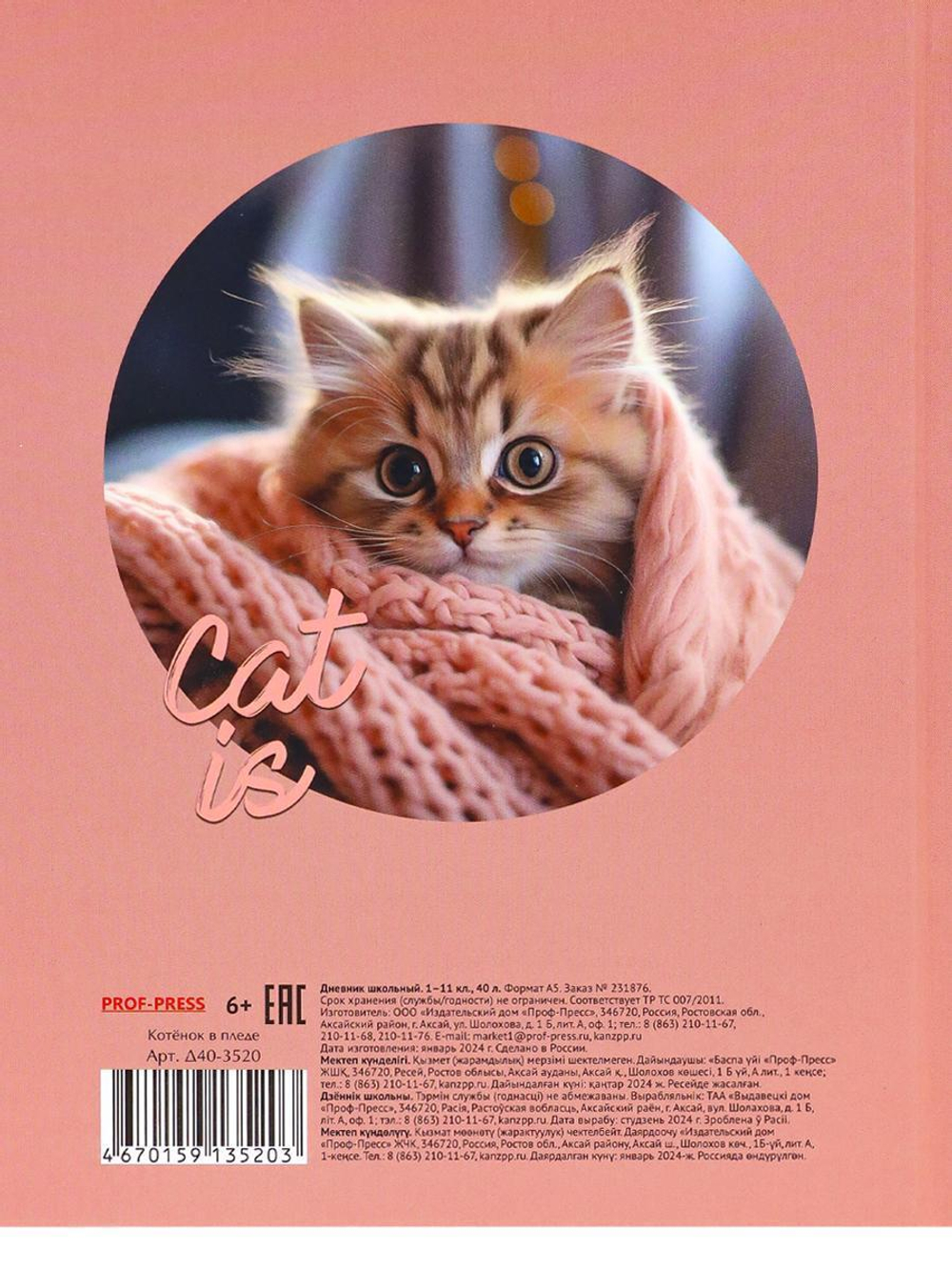 Дневник школьный 40л. "Котёнок в пледе" (Проф-Пресс)
