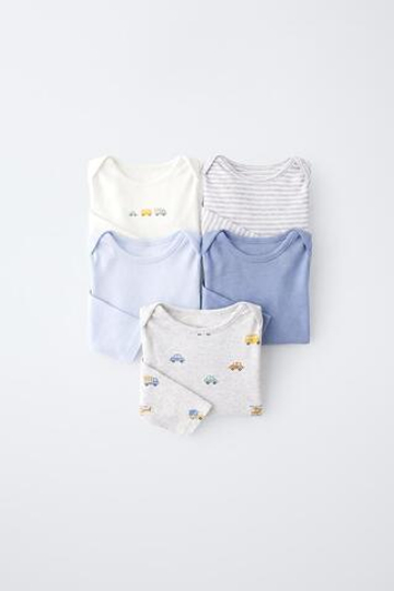 ZARA НАБОР ИЗ 5 БОДИ С ПРИНТОМ МАШИНОК, СИНИЙ