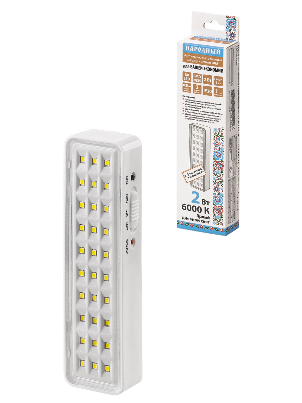 Светильник светод. аккум. СБА 30LED DC Li-ion 3,7В 1А*ч 3-5ч пластик IP20 2Вт Народный SQ0308-0300