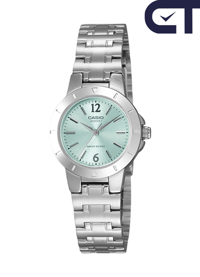 Casio LTP-1177A-3A — женские часы с мятно-зелёным циферблатом и стальным браслетом